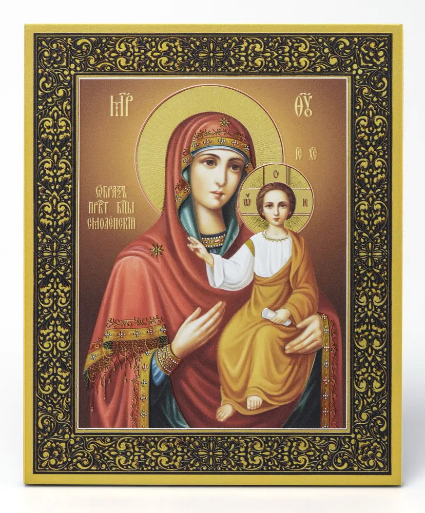 Icon on board 18×24 gilded finish, 3D print, varnish Smolensk Mother of God