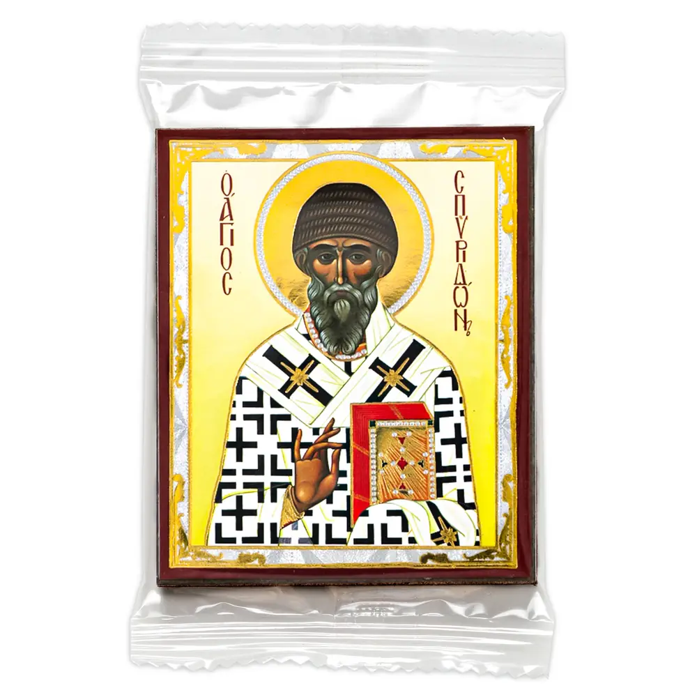 Icon on wooden panel 6×9 double embossing, annotation, packaging Spyridon of Trimythous