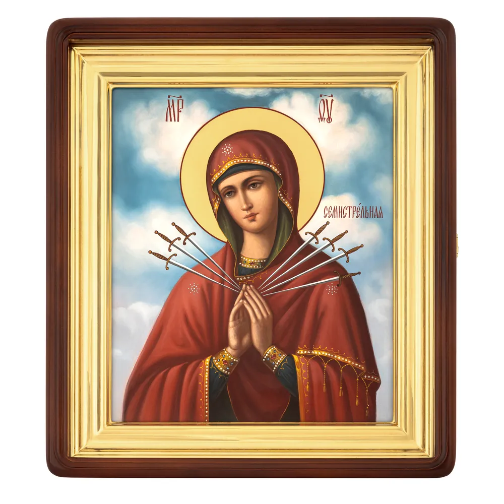 Painted icon on board in icon case 24×30 oil, gilded halo, icon case №1 Seven Arrows Mother of God, 04598