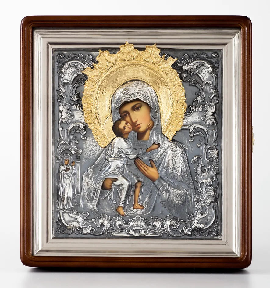 ფერწერული ხატი კიოტში 24×30 ზეთი, მოჭედილობა №206, გაშავებული მოვერცხლვა, კიოტი №1 თეოდორეს ღვთისმშობელი