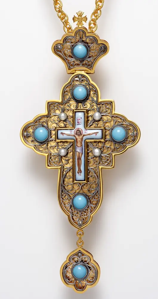 Pectoral cross filigree №0019 double rim enamel miniature / gilding, silver plating