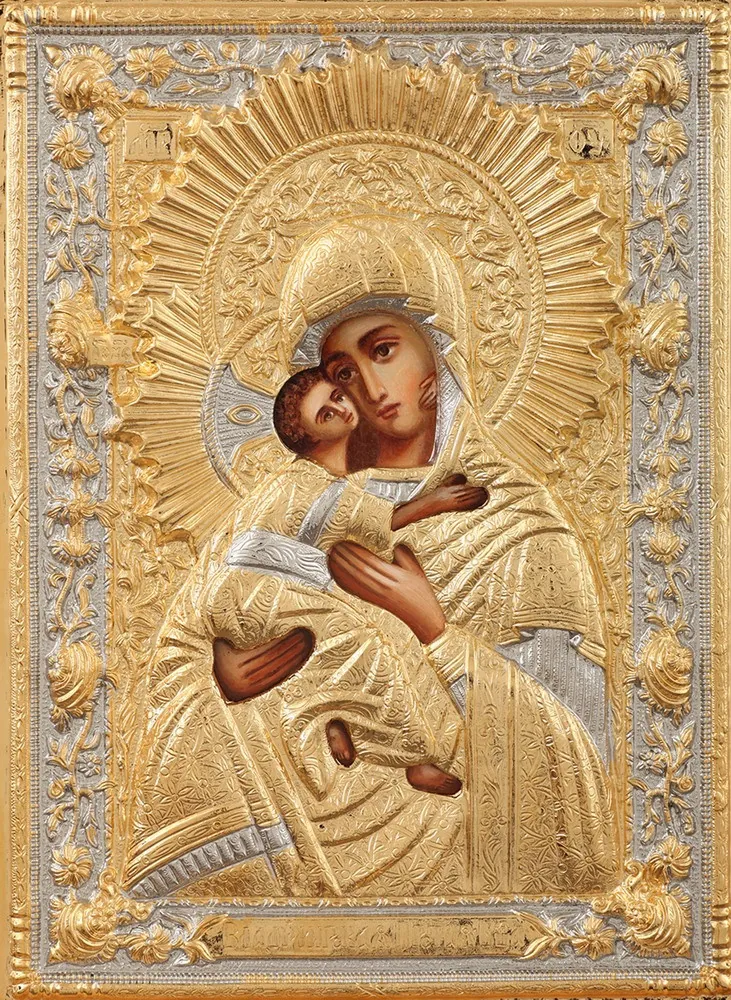 Painted icon of the Mother of God «Vladimir» 18×24, oil, riza cover №234, gilding