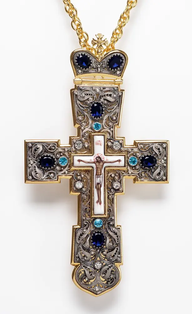 Pectoral cross filigree №0038 single rim, enamel miniature / gilding, silver plating
