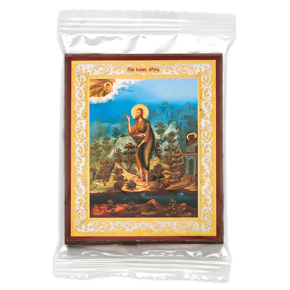 Icon on wooden panel 6×9 double embossing, annotation, packaging John the Baptist 2