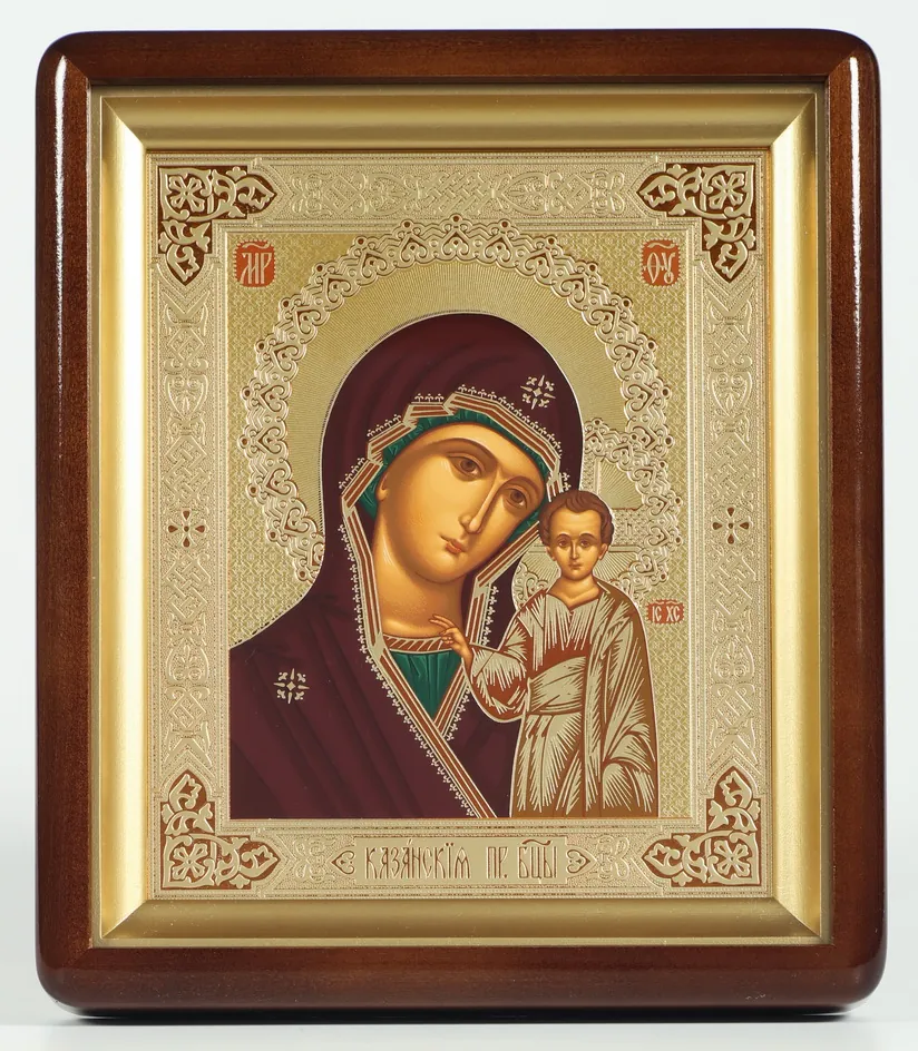 ხატი კიოტში 18×24 ფიგურული, ტემპერა №5 ყაზანის ღვთისმშობელი (წითელი ფონი)
