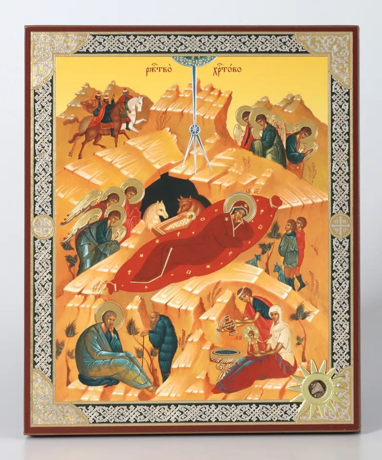ხატი ხის დაფაზე 18×24 ორმაგი ტვიფრი, დსპ, PVC, შეფუთვა ქრისტეს შობა