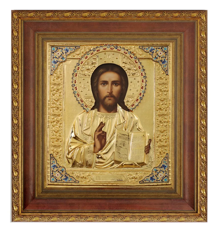 Painted icon in icon case 24×30 oil, riza cover №24, matte glossy gilding, enamel, icon case №22 Saviour