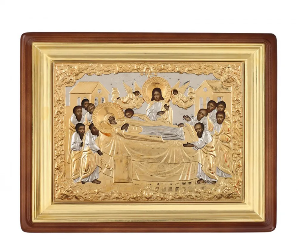 Painted icon in icon case 30×40 oil, riza cover №115, icon case №1 Dormition of the Theotokos