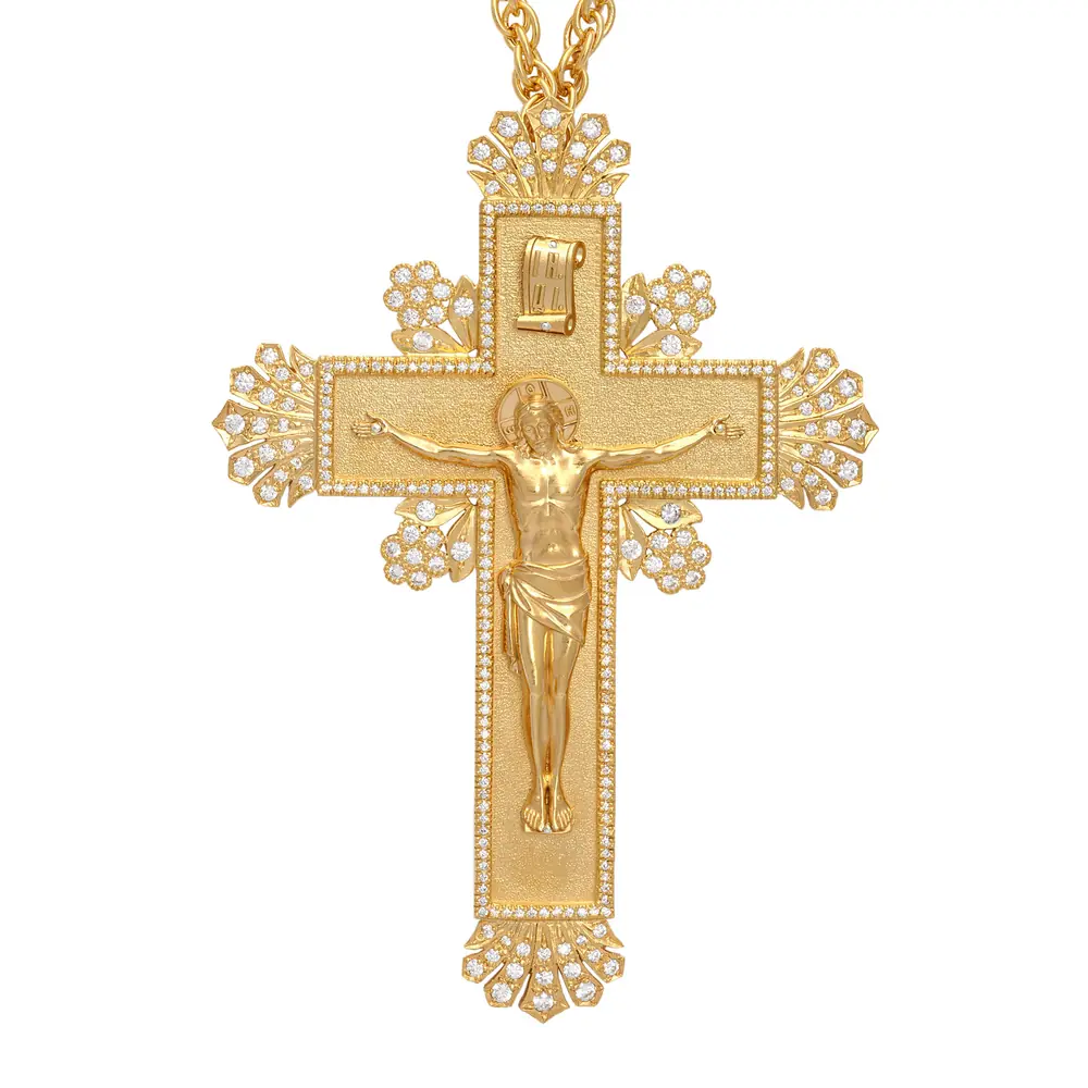 Pectoral cross №223 / cubic zirconia cast Crucifixion / gilding / silver