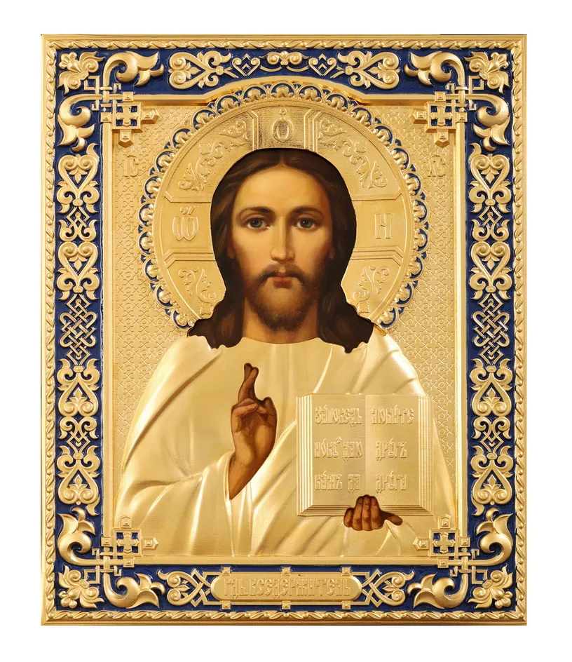 Painted icon of the Saviour 18×24, oil, riza cover №242, matte and glossy gilding, enamel