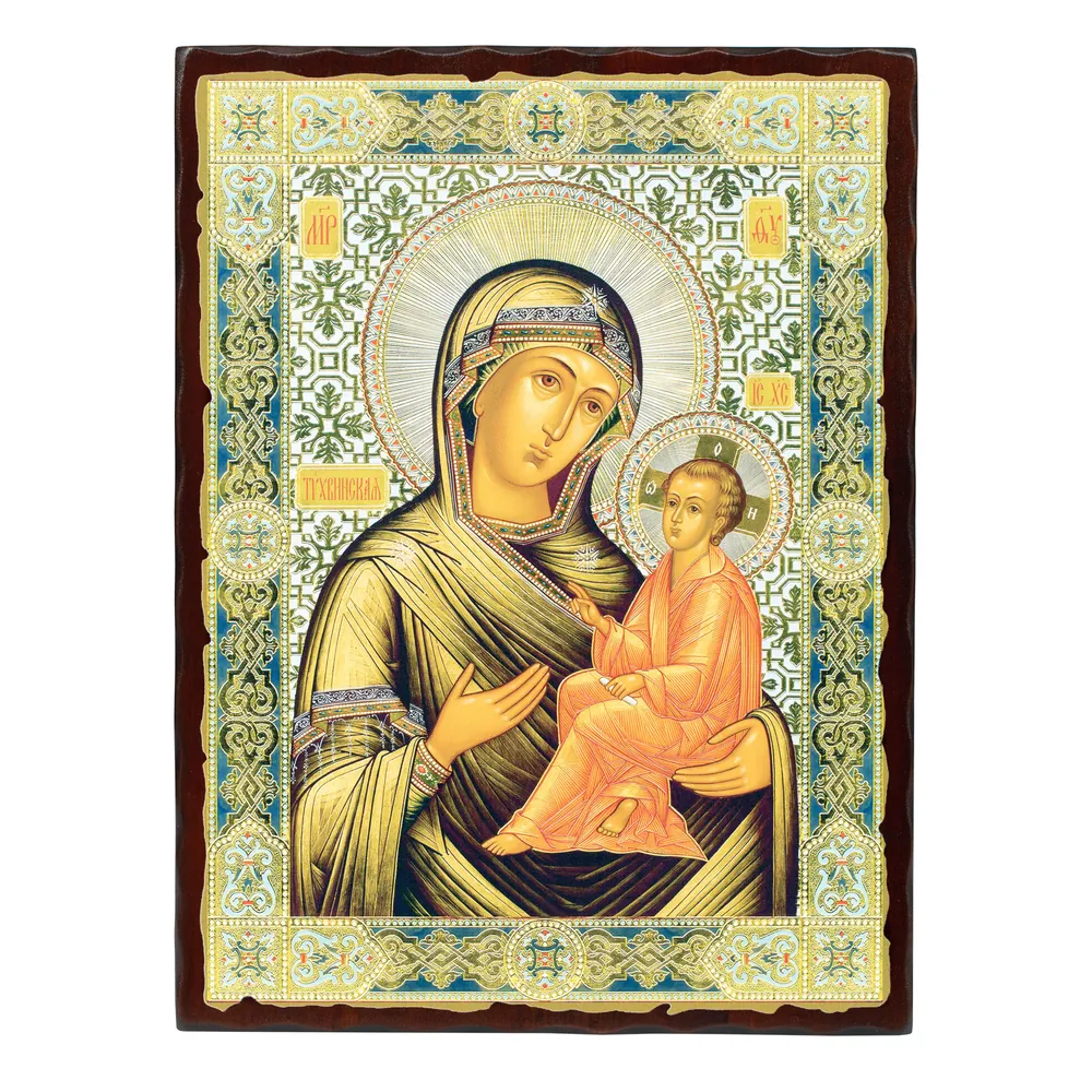 ხატი დაფაზე 30×40 მოცულობითი ბეჭდვა, ლაქი №1 ტიხვინის ღვთისმშობელი