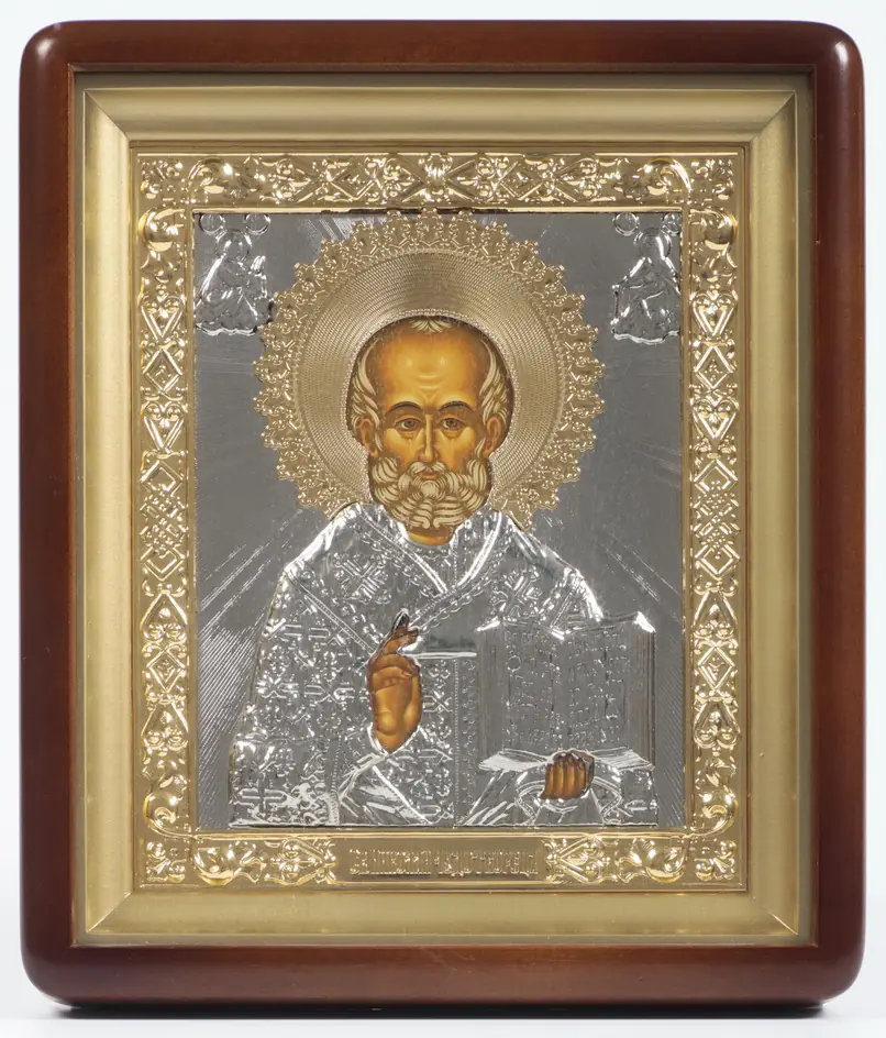 ხატი კიოტში 18×24 ფიგურული, ტემპერა, მოცულობითი მოჭედილობა, დახურული, ნაწილობრივ მოოქროვილი ნიკოლოზ საკვირველთმოქმედი