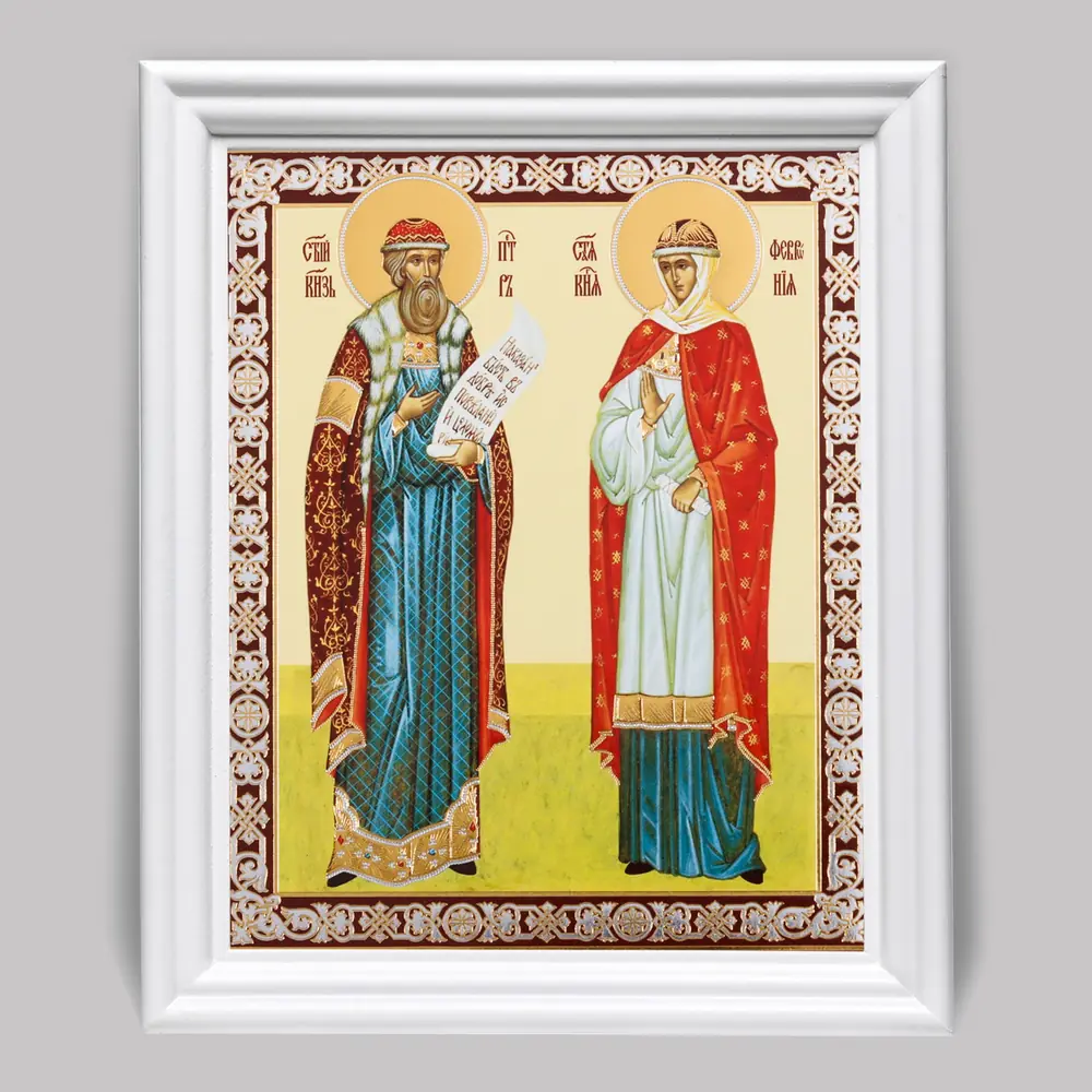 Икона в деревянной рамке №3 11х13 (белая) двойное тиснение Петр и Феврония 3