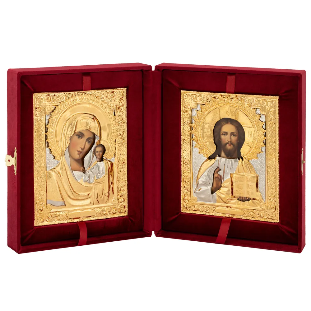 Painted folding icons in case 18×24 oil, riza covers №10, №23 (velvet) Saviour-Kazan Mother of God