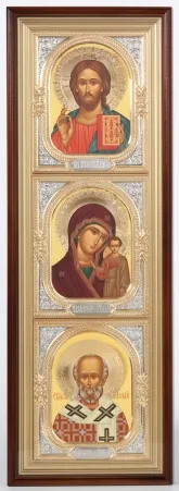 Icon in icon case 20×70 complex, tempera, halo crown, 3D riza frame, open, gilding Saviour-Kazan Mother of God-Nicholas the Wonderworker
