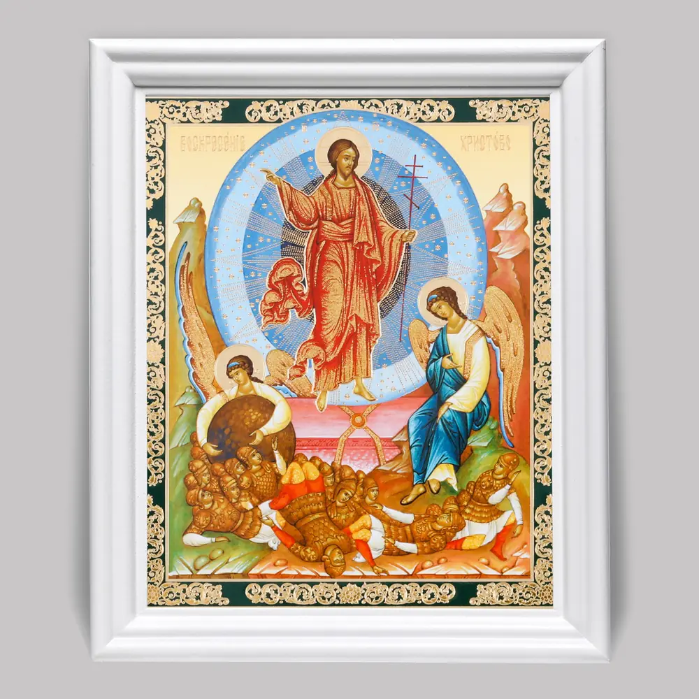 Icon in wooden frame №3 11×13 (white) double embossing Resurrection of Christ 63