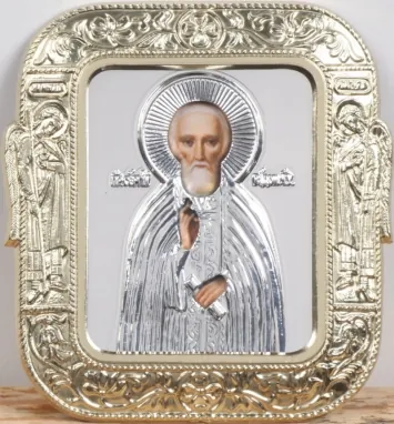 Icon in plastic frame 5×6 metallised riza cover Sergius of Radonezh (half-length)