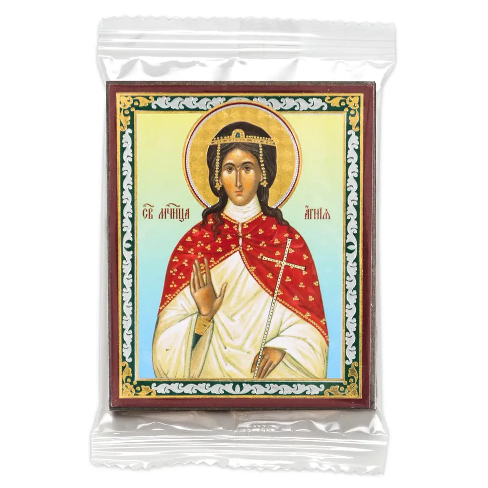 Icon on wooden panel 6×9 double embossing, annotation, packaging Agnes