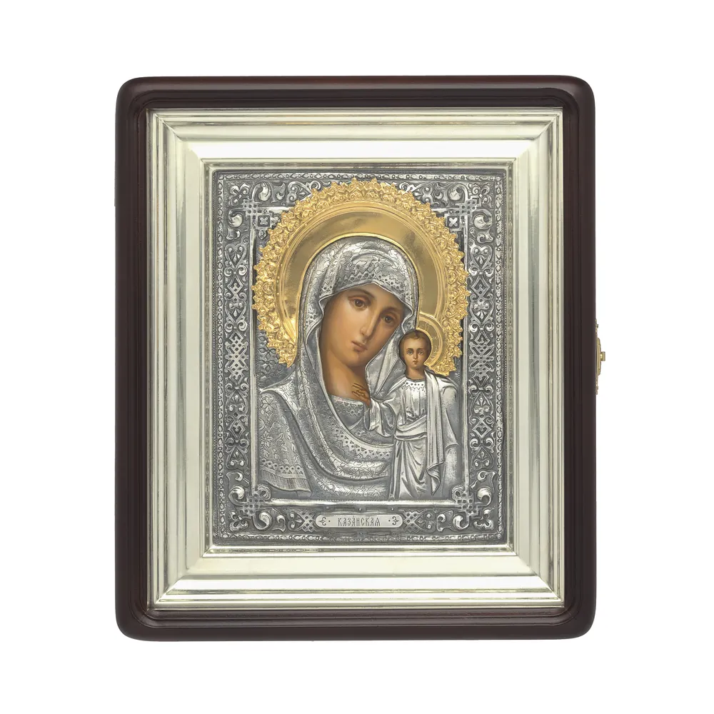 ფერწერული ხატი კიოტში 18×24 ზეთი, მოჭედილობა №10, გაშავებული მოვერცხლვა, კიოტი №1 ყაზანის ღვთისმშობელი