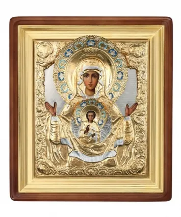 Painted icon in icon case 40×50 oil, riza cover №65, enamel, icon case №1 of the Sign