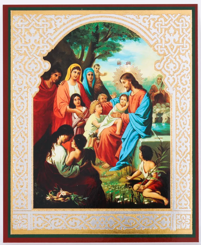 Icon on wooden panel 11×13 double embossing Blessing of the Children