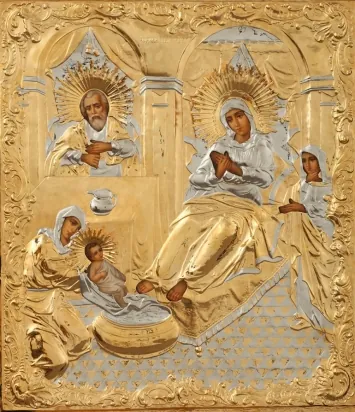 Painted icon of the Nativity of the Most Holy Theotokos 60×70, oil, riza cover №186, gilding