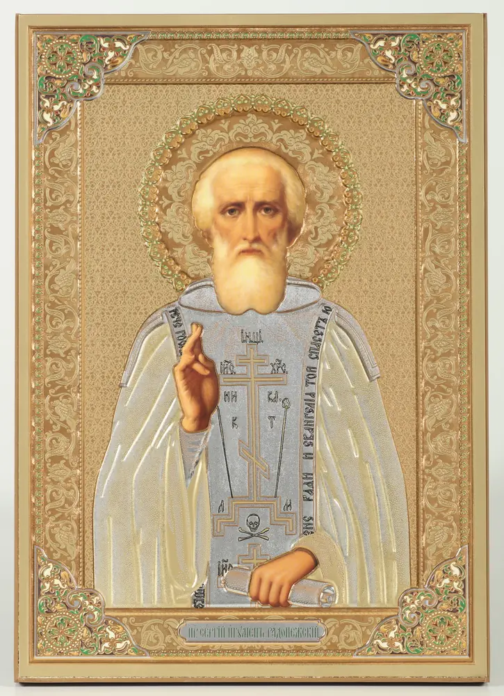 Icon on wooden panel 21×32 chipboard blind embossing, packaging Sergius, Abbot of Radonezh