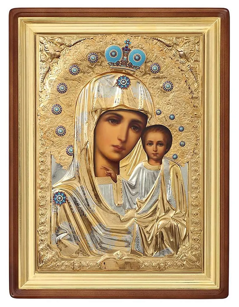 Painted icon in icon case 75×105 oil, riza cover №169, enamel, icon case №1 Kazan Mother of God