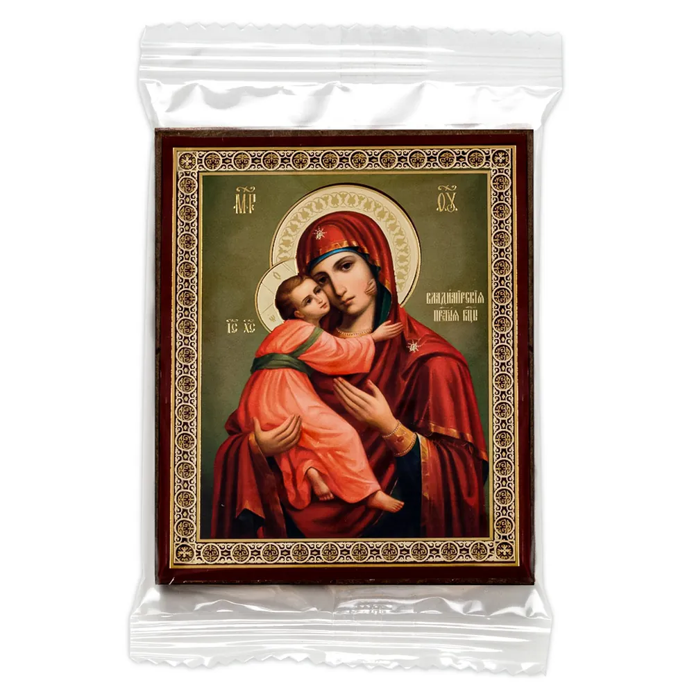 Icon on wooden panel 6×9 double embossing, annotation, packaging Vladimir Mother of God 33