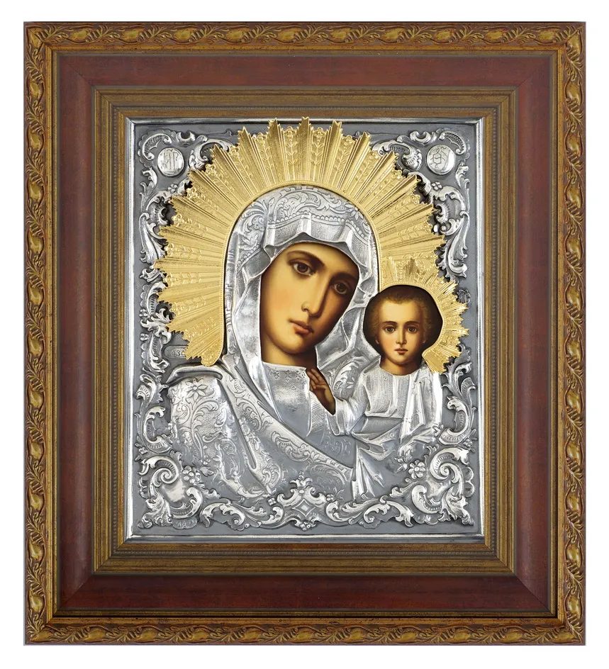 ფერწერული ხატი კიოტში 24×30 ზეთი, მოჭედილობა №251, გაშავებული მოვერცხლვა, კიოტი №22 ყაზანის ღვთისმშობელი