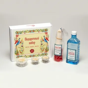 Gift set №4 (incense 1 pack 55 g, 2 pack 22 g, Jerusalem candles-33 pcs, lamp oil 0,5 l-1 pcs)