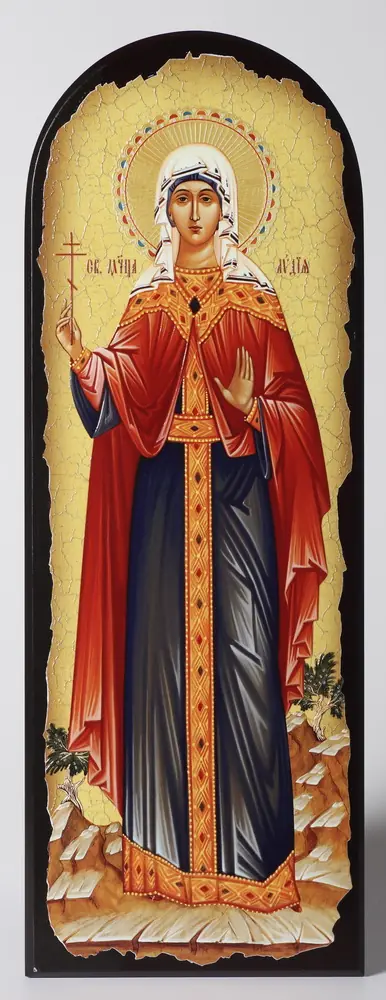 Icon on MDF 18×50 arched, 3D print, varnish Lydia