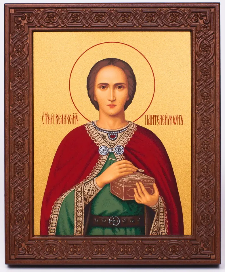 Icon on wood 18×22 rolled, recessed field with carved with surround, packaging Panteleimon 1