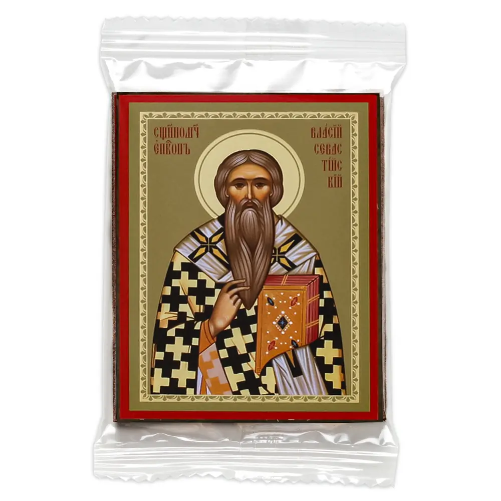 Icon on wooden panel 6×9 double embossing, annotation, packaging Blaise of Sebaste
