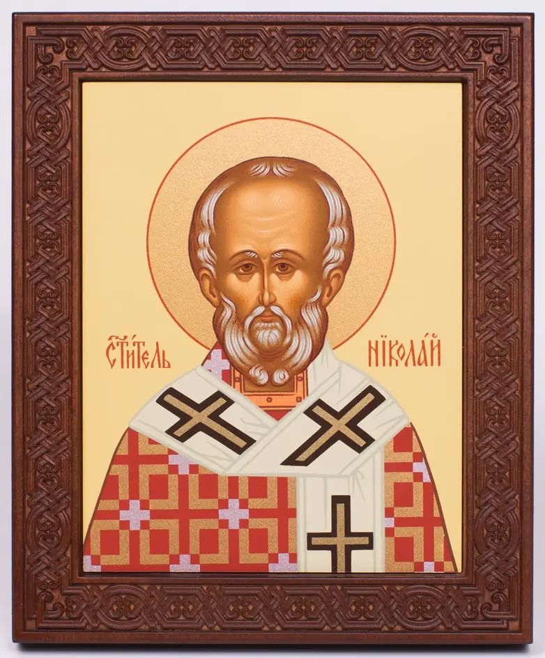 Icon on wood 18×22 rolled, recessed field with carved with surround, packaging Nicholas the Wonderworker
