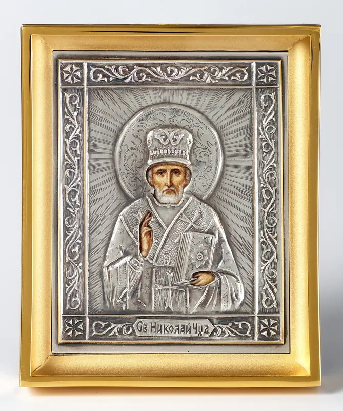 Table icon №128 with electroformed with insert / photo / gilding, silver plating / Nicholas the Wonderworker