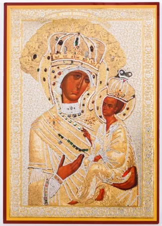 Icon on wooden panel 11×13 double embossing Tikhvin Mother of God