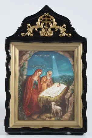 Icon case shaped with carved with finial for an icon 24×30 Nativity of Christ