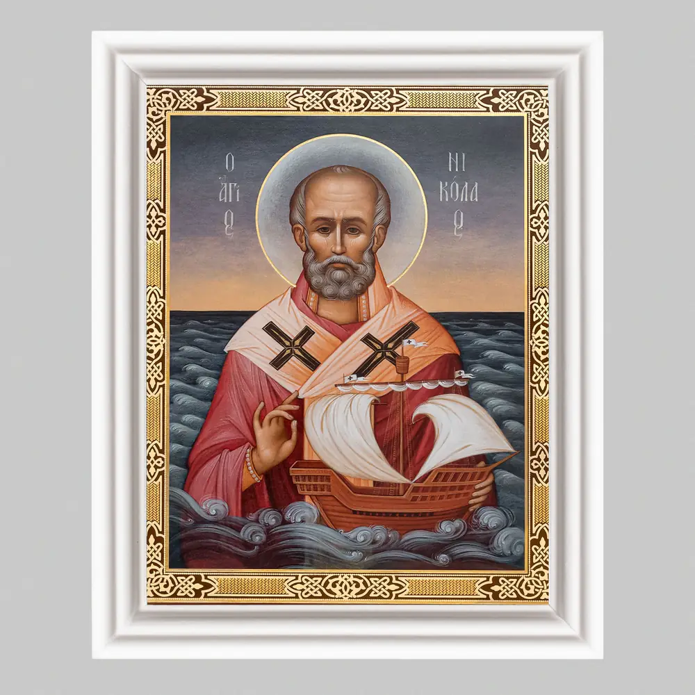 Icon in wooden frame №3 11×13 (white) double embossing Nicholas the Wonderworker 19