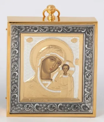 Stamped icon 6 * 7 / tempera / gilding / in metal icon case silver Kazan Mother of God
