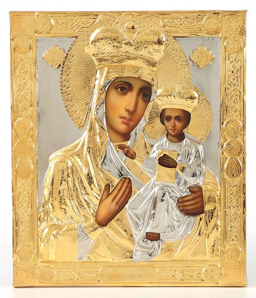 Painted icon of the Mother of God «Ozeryany» 24×30, oil, riza cover №101, gilding