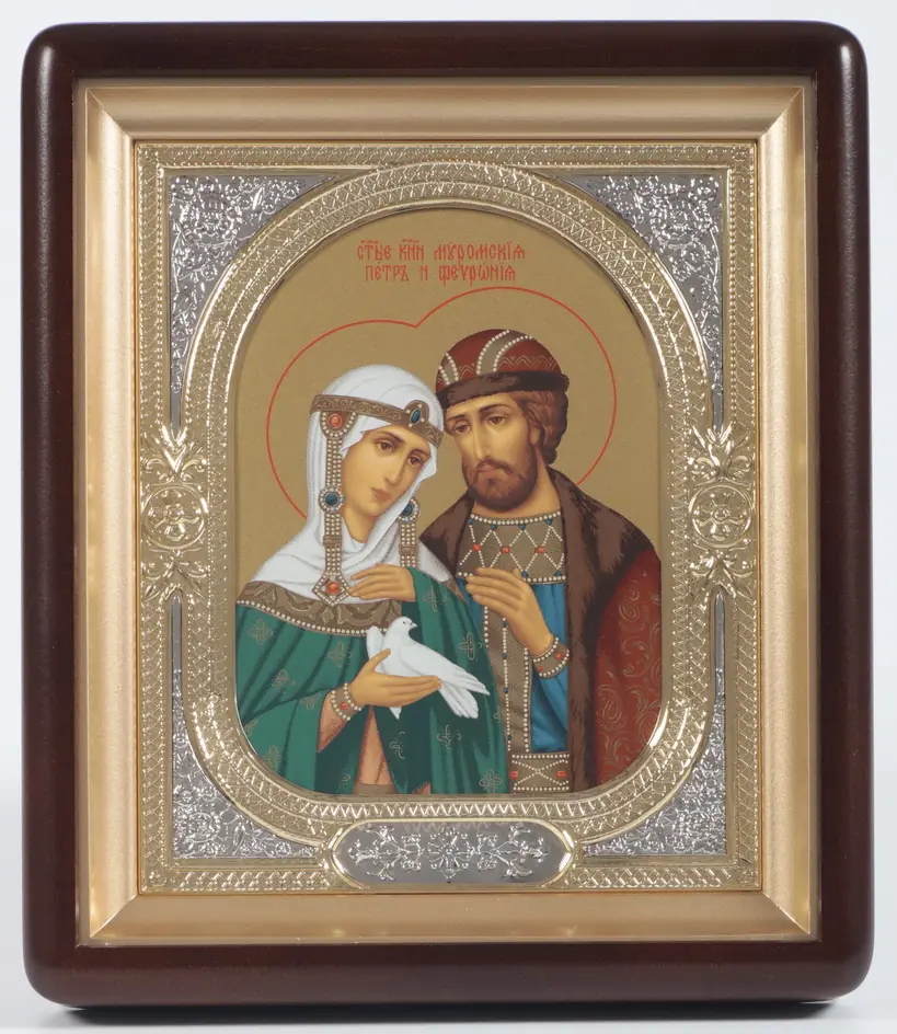 Icon in icon case 18×24 shaped, tempera, 3D riza frame, open, gilded, nickel plating Peter and Fevronia 1