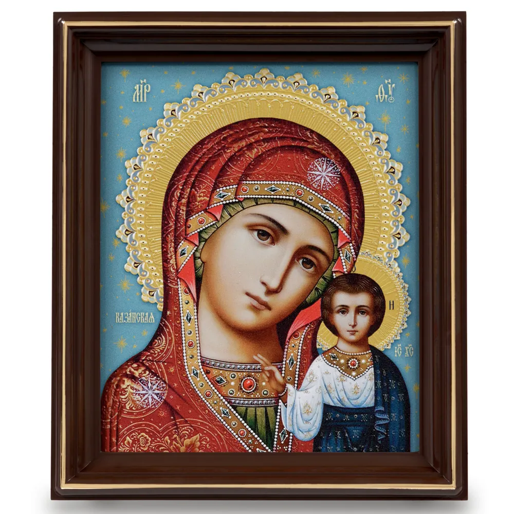 Icon on plastic 13×16 3D print, varnish, in plastic frame on stand Kazan Mother of God 1