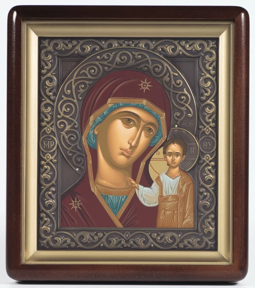 ხატი კიოტში 18×24 ფიგურული, ტემპერა, პატინირებული მოჭედილობა ყაზანის ღვთისმშობელი