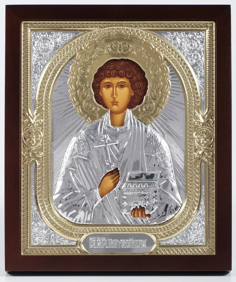Icon in icon case 18×24 shaped №2 tempera, without stretcher, 3D riza №1 Panteleimon