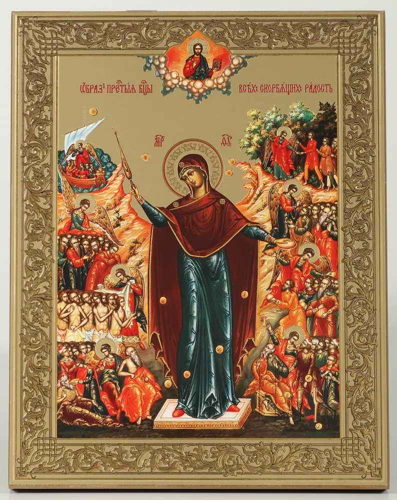 ხატი ხის დაფაზე 21×32 დსპ რელიეფური ტვიფრი, შეფუთვა ყოველთა მწუხარეთა სიხარული (გროშებით)