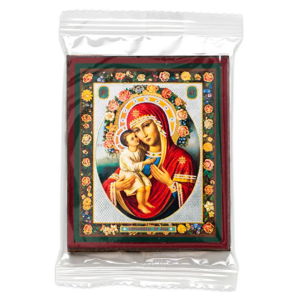 Icon on wooden panel 6×9 double embossing, annotation, packaging Zhirovichi Mother of God