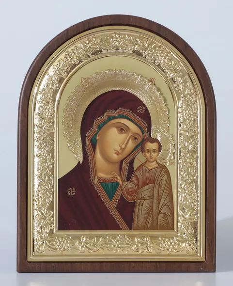 Икона в ризе 18х24 арочная, планшет, рамка, венчик золочёные, темпера, упаковка Казанская БМ