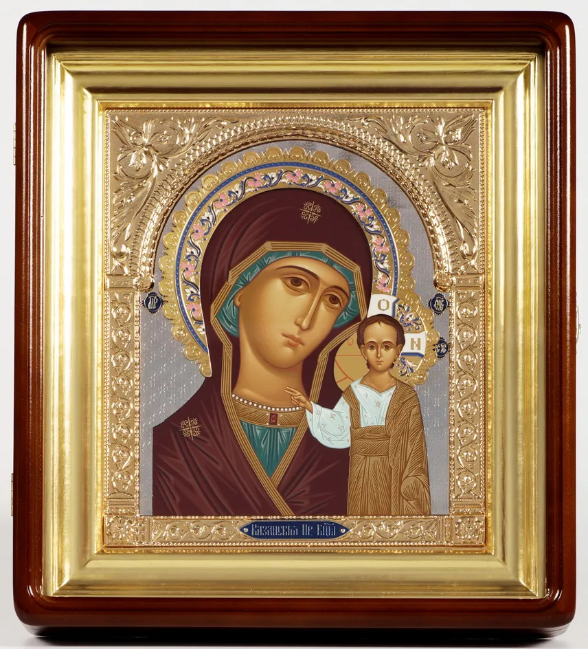 ფერწერული ხატი კიოტში 24×30 ტემპერა, მოჭედილობა ღია, ნიკელი, მინანქარი, კიოტი №1 ყაზანის ღვთისმშობელი