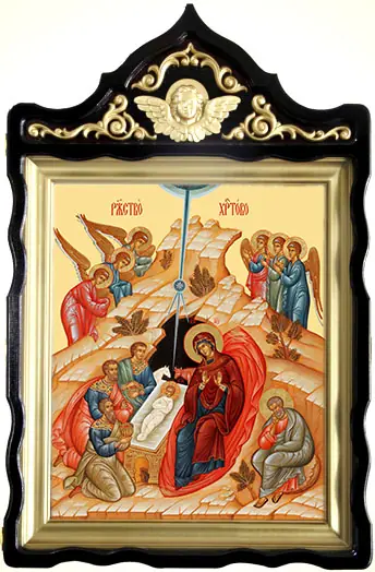 Icon case shaped with carved with finial for an icon 30×40 Nativity of Christ